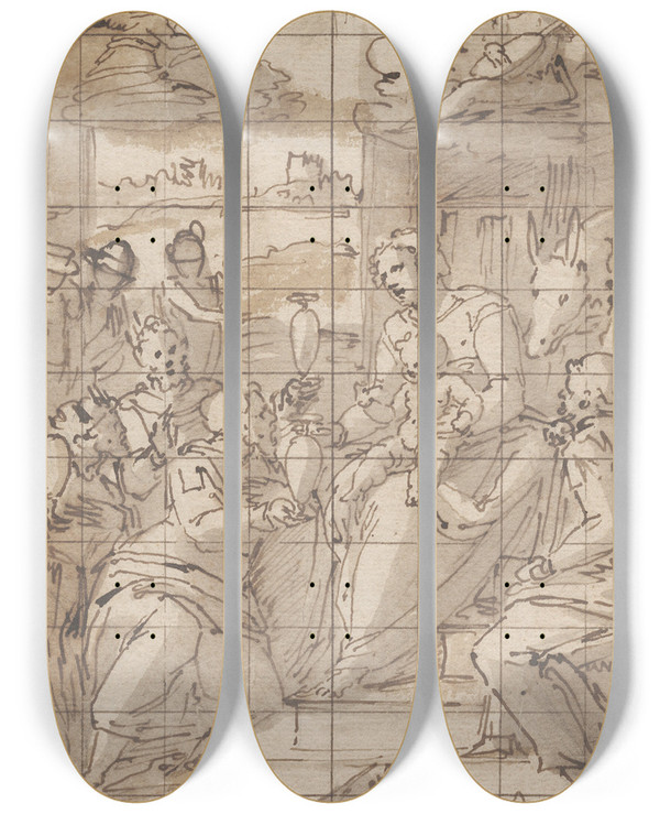 Triptych art skateboard deck of Giovanni Battista Castello Kongernes Tilbedelse by Giovanni Battista Castello (1547-1639)