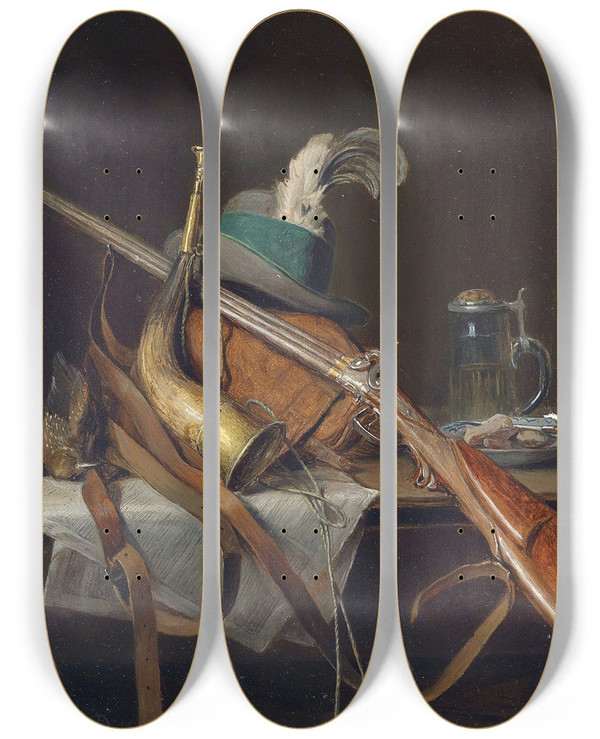 Triptych art skateboard deck of Josef Mansfeld Auseer Jagdstillleben by Josef Mansfeld (1819-1894)