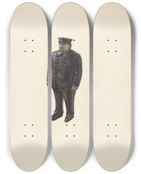 Triptych art skateboard deck of William Spiecker Bank Policeman by William Spiecker