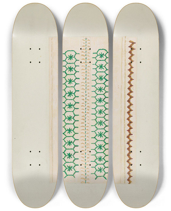 Triptych art skateboard deck of Ruth M Barnes Sampler Stitching_2 by Ruth M Barnes