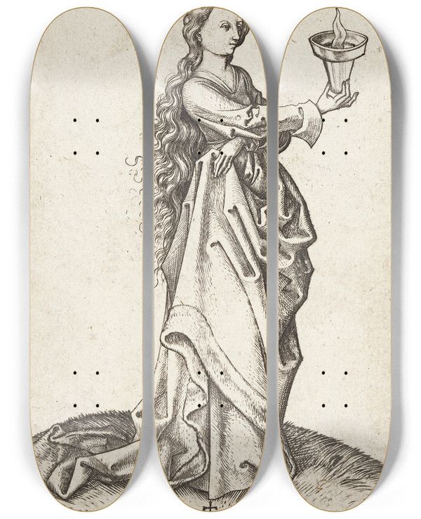 Triptych art skateboard deck of Martin Schongauer The Third Wise Virgin by Martin Schongauer (1435-1491)