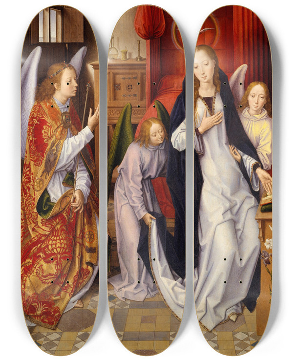 Triptych art skateboard deck of Hans Memling The Annunciation_1 by Hans Memling (1430-1494)