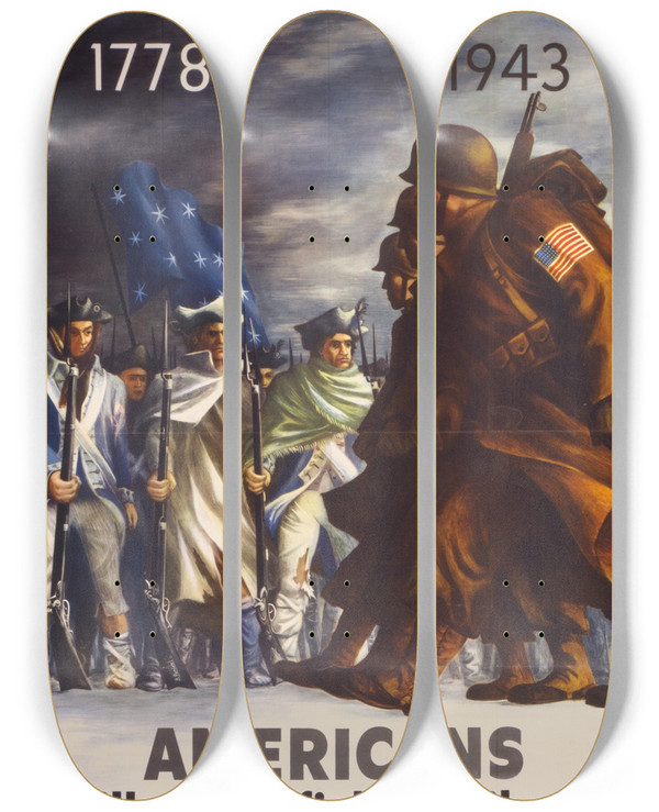 Triptych art skateboard deck of Bernard Perlin Americans Will Always Fight For Liberty_2 by Bernard Perlin (1918-2014)