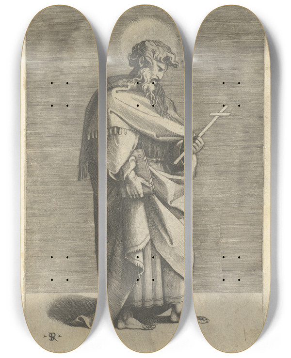 Triptych art skateboard deck of Marco Dente Marco Dente Saint Philip by Marco Dente (1486-1527)