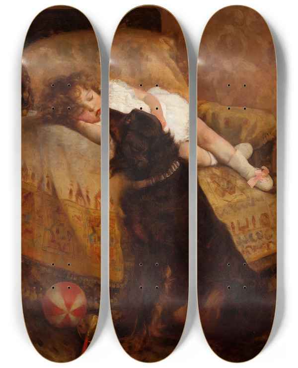 Triptych art skateboard deck of Elizabeth Strong Sleeping Child With Dog by Elizabeth Strong (1855-1941)