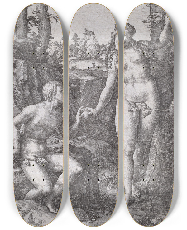 Triptych art skateboard deck of Lucas Van Leyden The Fall Of Man_2 by Lucas Van Leyden (1494-1533)