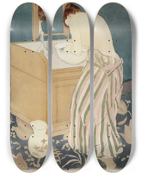 Triptych art skateboard deck of Mary Cassatt Woman Bathing by Mary Cassatt (1844-1926)