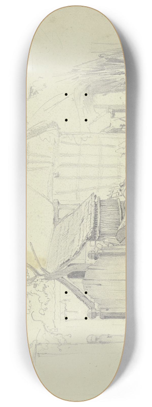 Jakob Frchtegott Dielmann - Strae im Dorf, links ein verschlossenes Holztor und eine offene Tr, rechts am Zaun eine Linde 8.25 inch art skate deck