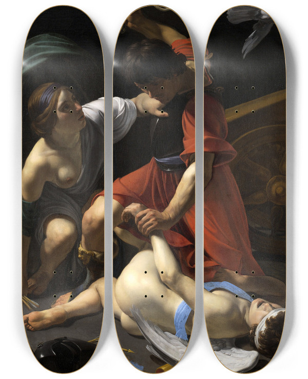 Triptych art skateboard deck of Bartolomeo Manfredi Cupid Chastised by Bartolomeo Manfredi (1580-1620)