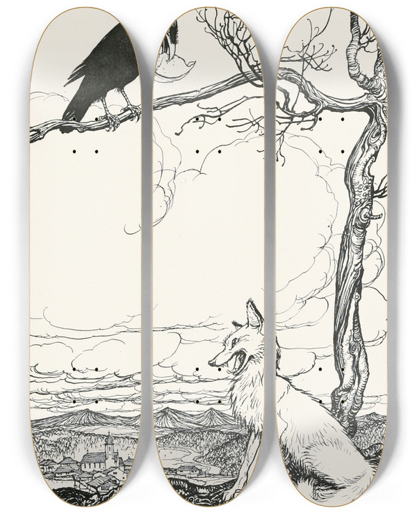 Triptych art skateboard deck of Arthur Rackham The Fox And The Crow by Arthur Rackham (1867-1939)