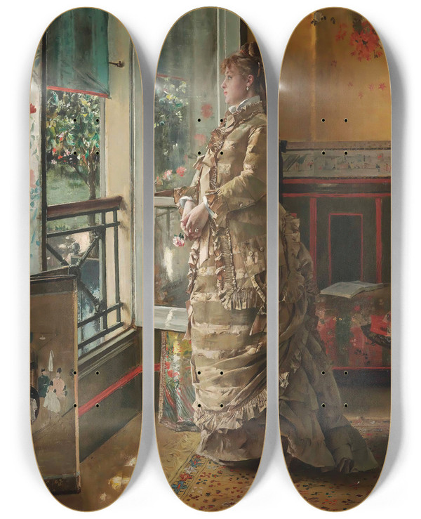 Triptych art skateboard deck of Alfred Stevens Mlancolie by Alfred Stevens (1817-1875)