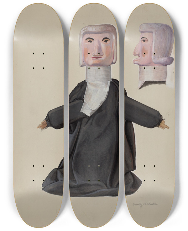 Triptych art skateboard deck of Beverly Chichester Judge Hand Puppet by Beverly Chichester (20-)