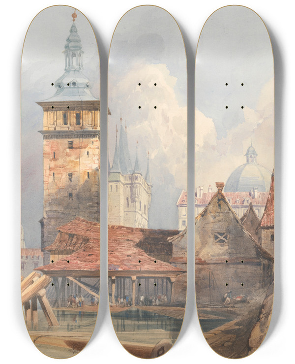 Triptych art skateboard deck of Thomas Shotter Boys Prague by Thomas Shotter Boys (1803-1874)