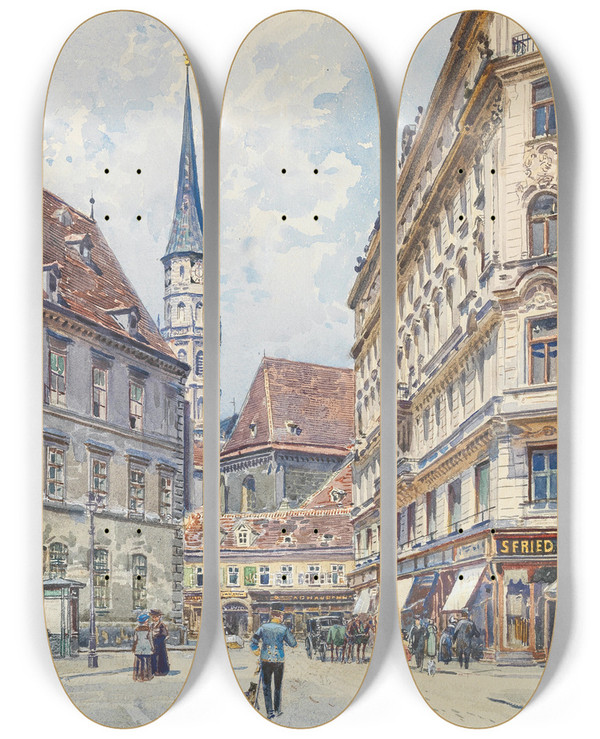 Triptych art skateboard deck of Ernst Graner Stallburggasse by Ernst Graner (1865-1943)