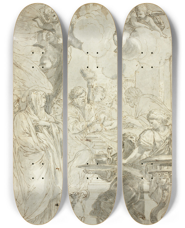 Triptych art skateboard deck of After Ciro Ferri Circumcision by After Ciro Ferri (1633-1689)