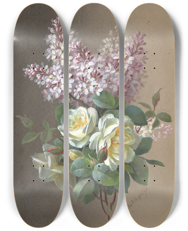 Triptych art skateboard deck of Paul De Longpre Roses And Lilacs by Paul de Longpre (1855-1911)