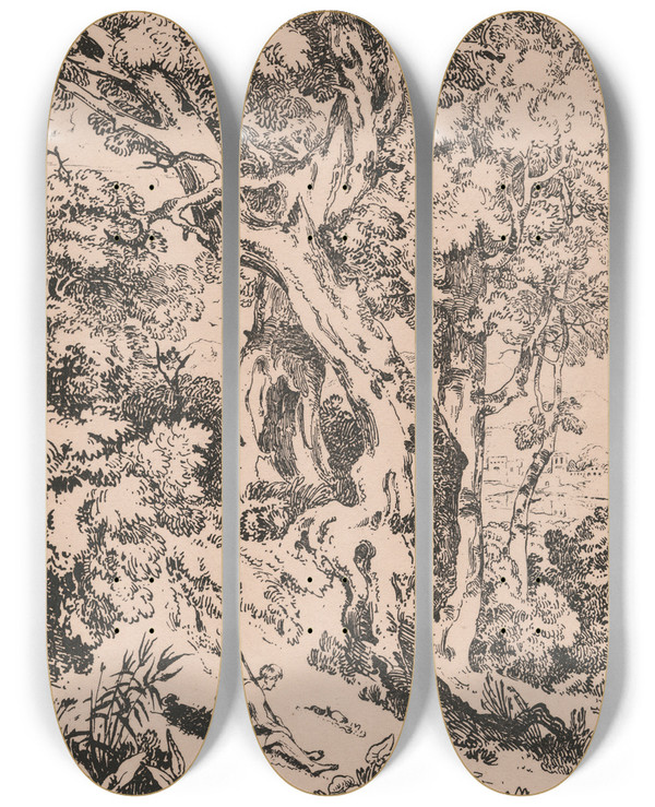 Triptych art skateboard deck of William Havell Study Of Trees And Scrubs With Seated Male Figure by William Havell (1782-1857)