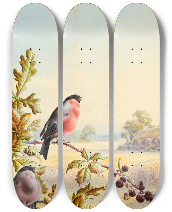Triptych art skateboard deck of Harry Bright Summer A Pair Of Bullfinch by Harry Bright (1846-1895)
