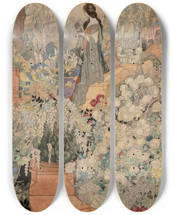 Triptych art skateboard deck of Charles Robinson An Eve In This Eden by Charles Robinson (1870-1937)