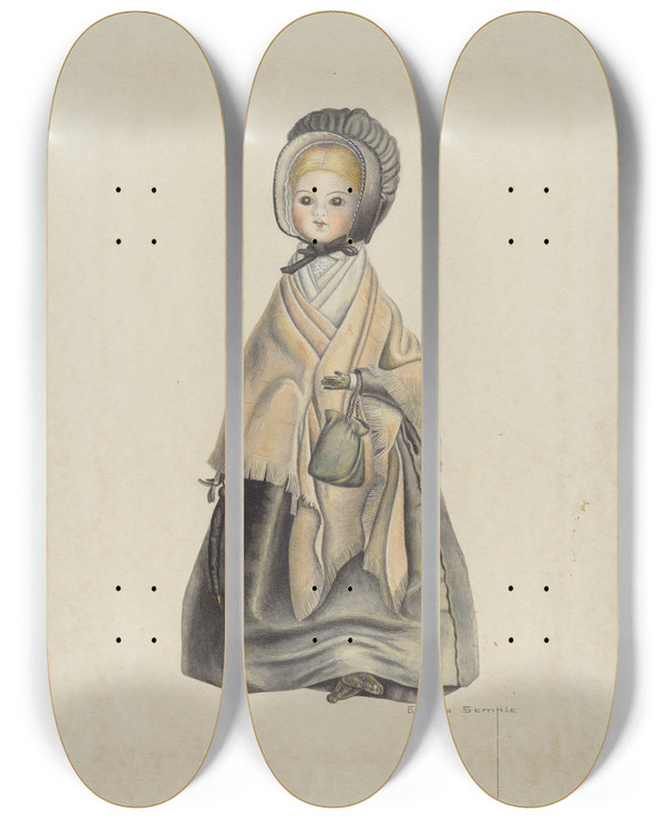 Triptych art skateboard deck of Bertha Semple Quaker Doll by Bertha Semple