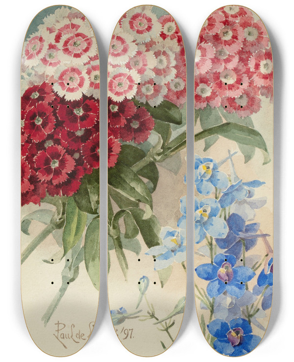 Triptych art skateboard deck of Paul De Longpre Spring Bouquet by Paul de Longpre (1855-1911)