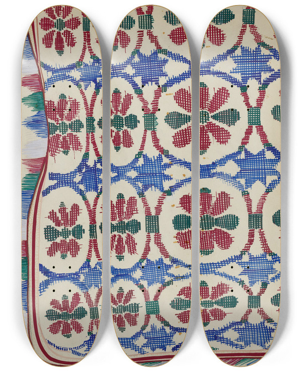 Triptych art skateboard deck of Cornelius Frazier Coverlet by Cornelius Frazier