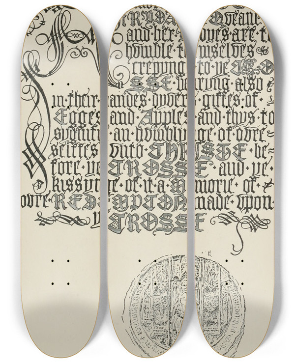 Triptych art skateboard deck of Frank Chouteau Brown Modern Blackletter by Frank Chouteau Brown (1876-1947)