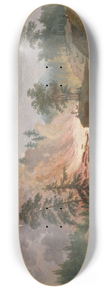 Jakob Philipp Hackert - A landscape in Sweden with peasants burning woodland and a couple resting near a stream 8.25 inch art skate deck