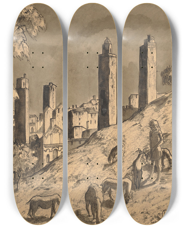 Triptych art skateboard deck of Hermann Lismann San Gimignano_3 by Hermann Lismann (1878-1943)