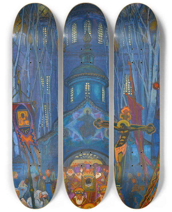 Triptych art skateboard deck of Leonid Mikhailovich Brailovsky Easter Night by Leonid Mikhailovich Brailovsky (1867-1937)