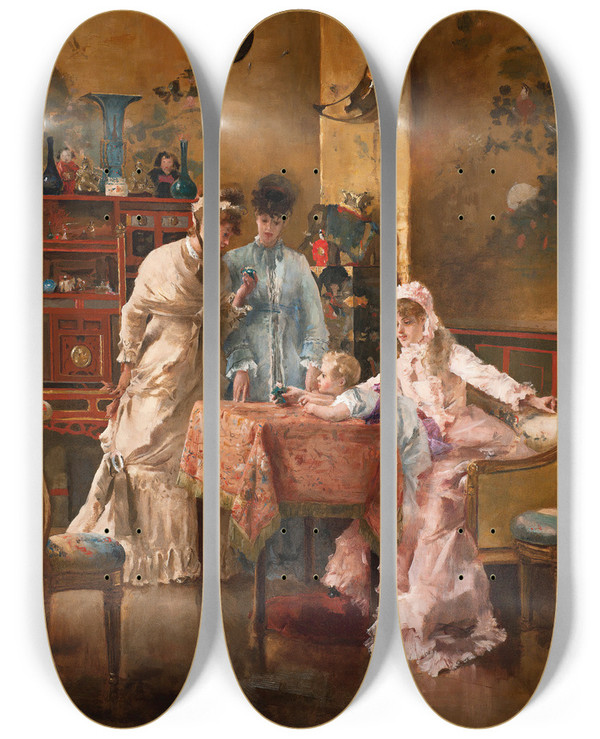 Triptych art skateboard deck of Alfred Stevens Les Visiteuses by Alfred Stevens (1817-1875)