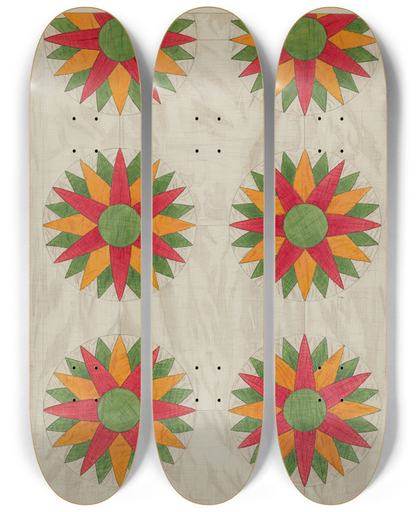 Triptych art skateboard deck of Bertha Semple Patchwork Quilt Top by Bertha Semple