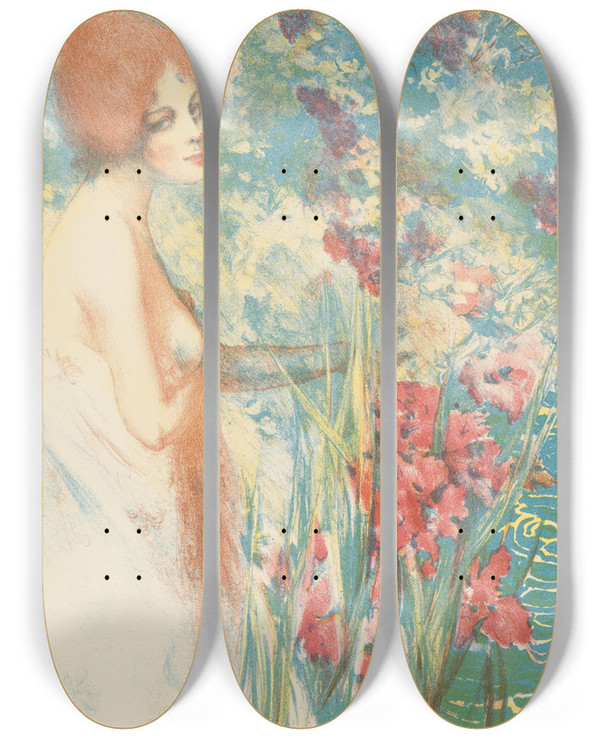 Triptych art skateboard deck of Henri Hran Fleur De Mai by Henri Heran (1864-1940)