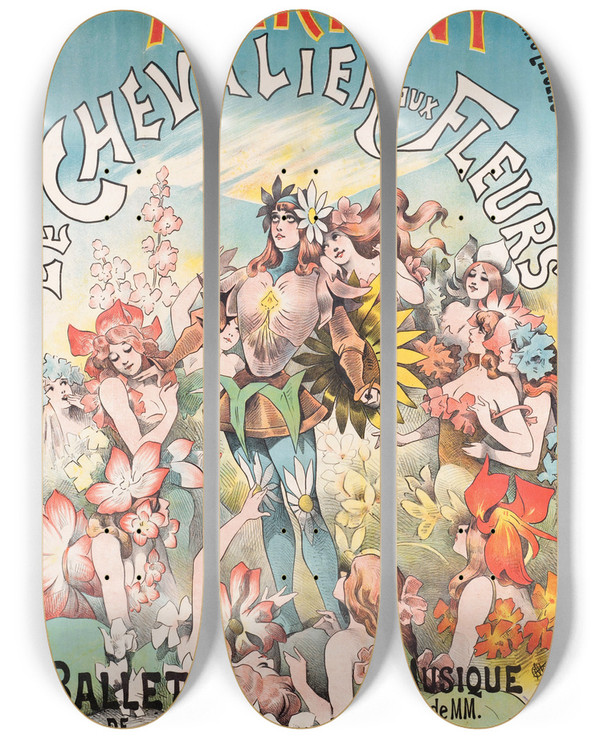 Triptych art skateboard deck of Alfred Choubrac Le Chevalier Aux Fleurs by Alfred Choubrac (1853-1902)