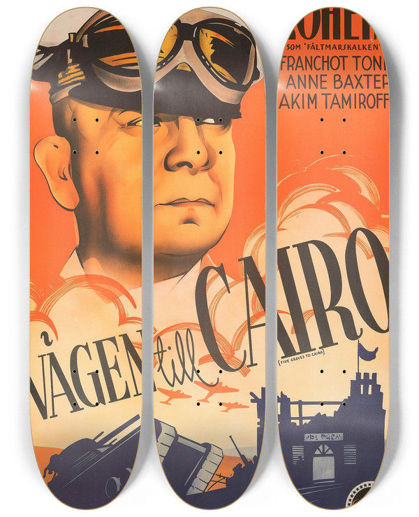 Triptych art skateboard deck of Eric Rohman Five Graves To Cairo by Eric Rohman (1891-1949)