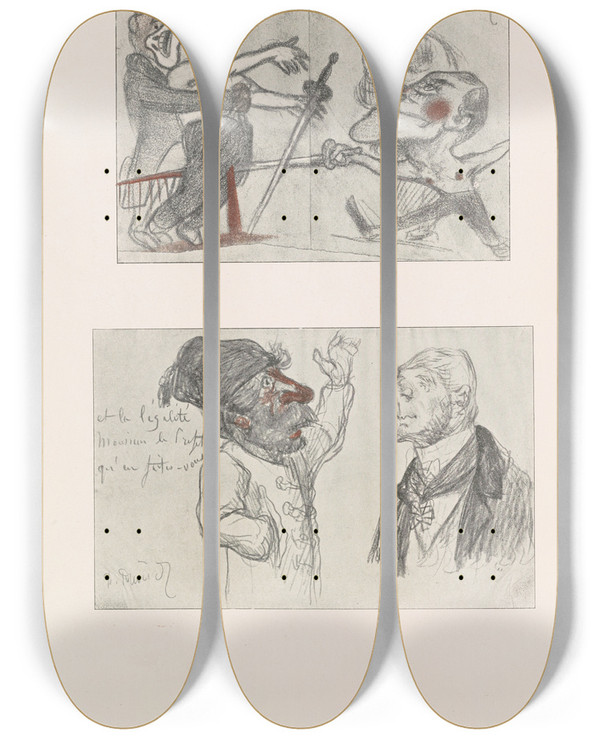 Triptych art skateboard deck of Pierre Puvis De Chavannes Les Caricatures De Puvis De Chavannes Pl34 by Pierre Puvis De Chavannes (1824-1898)