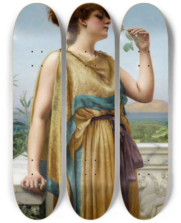 Triptych art skateboard deck of John William Godward The Fragrant Rose by John William Godward (1861-1922)