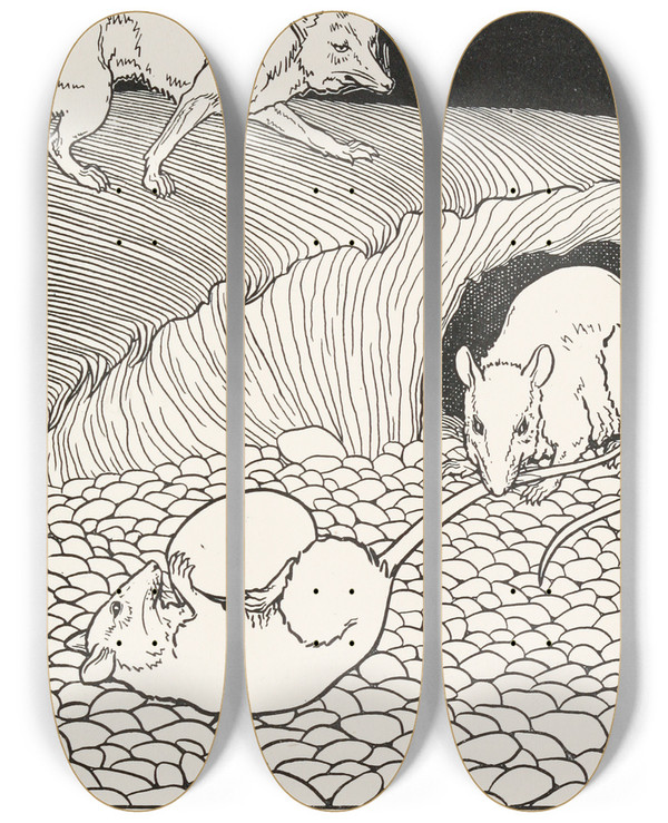 Triptych art skateboard deck of Percy J Billinghurst The Two Rats The Fox And The Dog by Percy J Billinghurst (1871-1933)