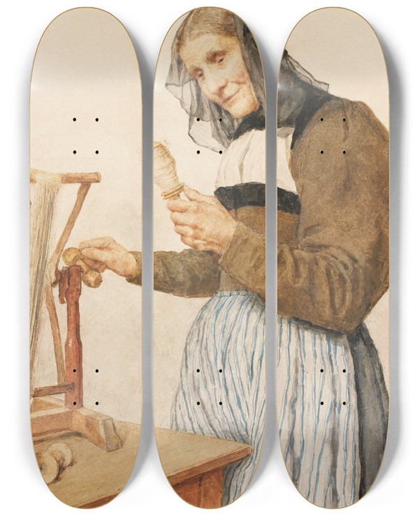 Triptych art skateboard deck of Albert Anker Old Woman With Spindle by Albert Anker (1831-1910)