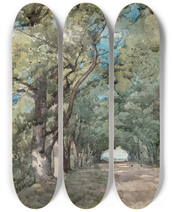 Triptych art skateboard deck of Henrijoseph Harpignies Alle Sousbois by Henri Joseph Harpignies (1819-1916)
