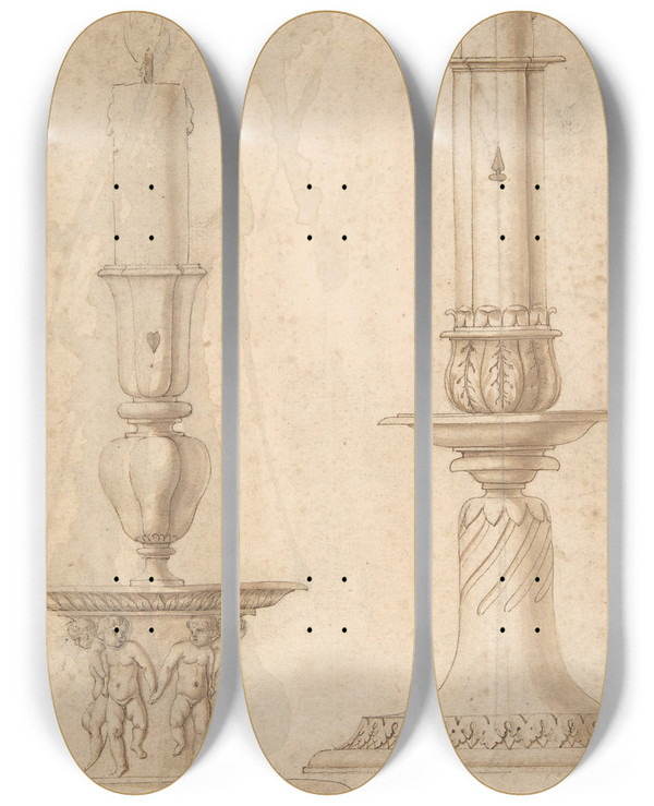 Triptych art skateboard deck of Giulio Romano Design For Two Candlesticks With Decorated Bases by Giulio Romano (1492-1546)