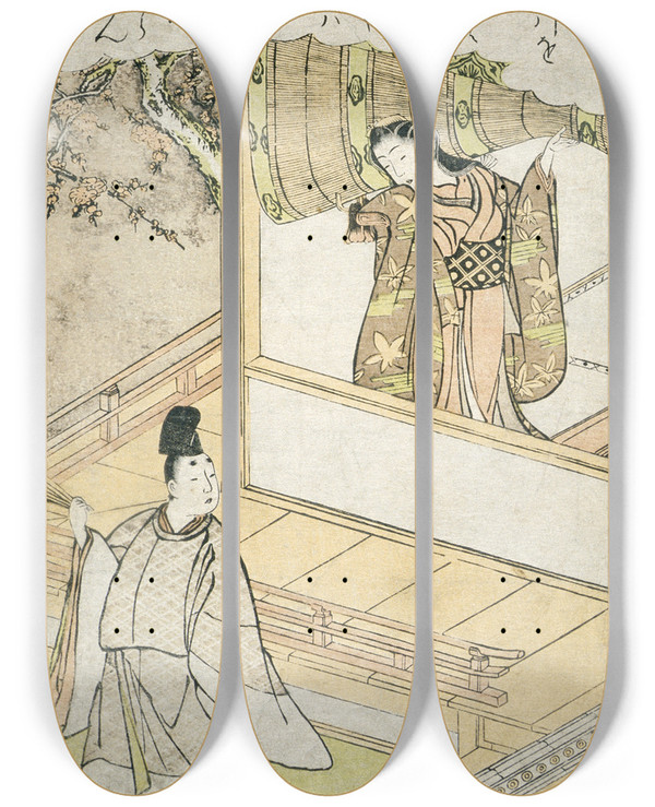 Triptych art skateboard deck of Katsukawa Shunsh The Syllable Fu by Katsukawa Shunsho (1726-1792)