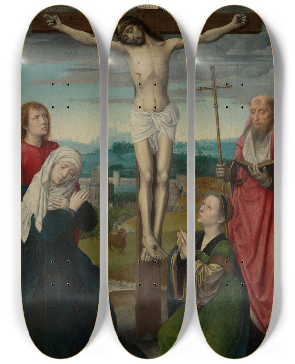 Triptych art skateboard deck of Gerard David The Crucifixion by Gerard David (1460-1523)