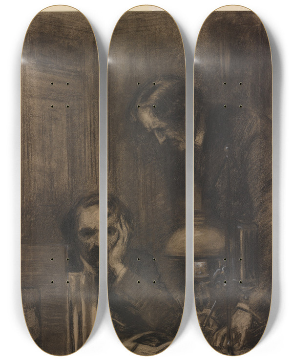 Triptych art skateboard deck of Albert Sterner The Architect John Fenwick And Arthur Welby by Albert Sterner (1863-1946)
