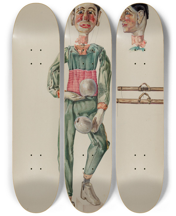 Triptych art skateboard deck of James Mclellan Juggling Marionette by James Mclellan