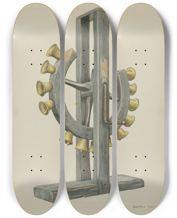 Triptych art skateboard deck of Bertha Semple Mission Chimes by Bertha Semple