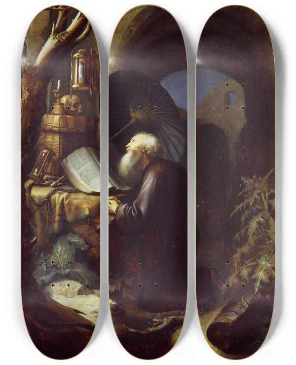 Triptych art skateboard deck of Studio Of Gerrit Dou A Hermit At Prayer by Studio Of Gerrit Dou (1613-1675)