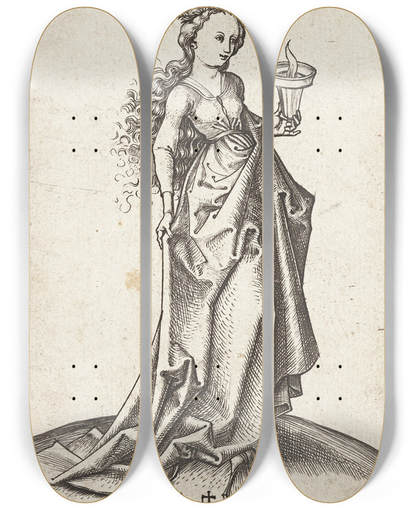 Triptych art skateboard deck of Martin Schongauer The Second Wise Virgin by Martin Schongauer (1435-1491)