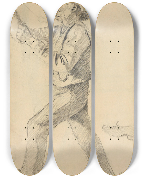 Triptych art skateboard deck of Gustav Wentzel Striding Man by Gustav Wentzel (1859-1927)