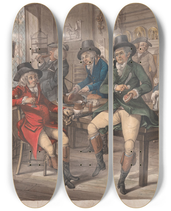 Triptych art skateboard deck of Robert Dighton Bachelors Hall by Robert Dighton (1751-1814)